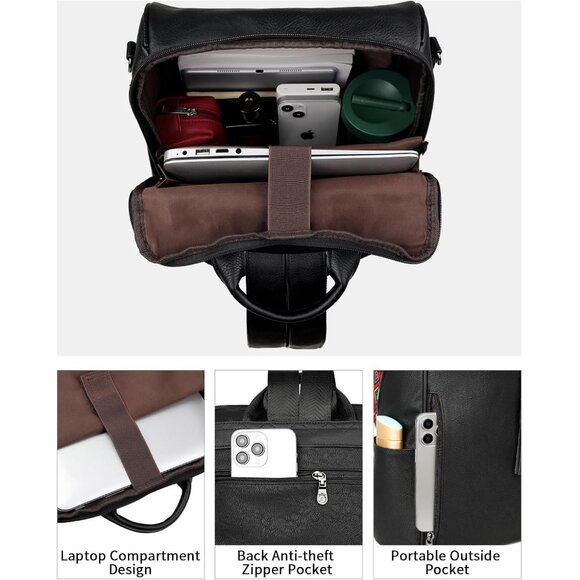 Women's Pure Black Retro Style Backpack Designer 15.6 inch PU Leather Laptop Bag - Picture 3 of 7